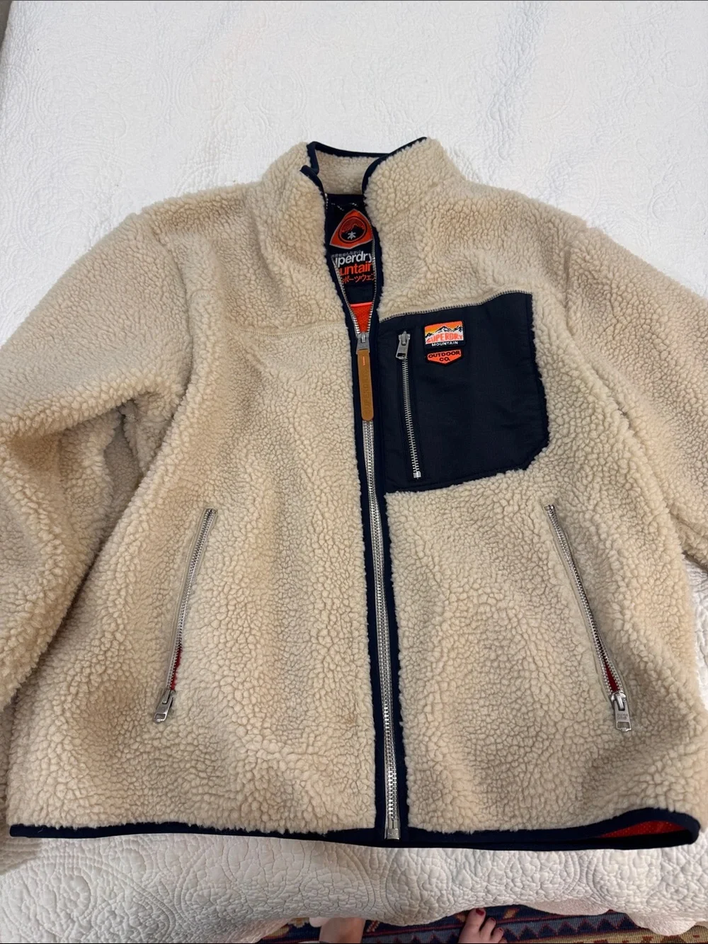Superdry Cream Sherpa Fleece Jacket with Black Chest Pocket